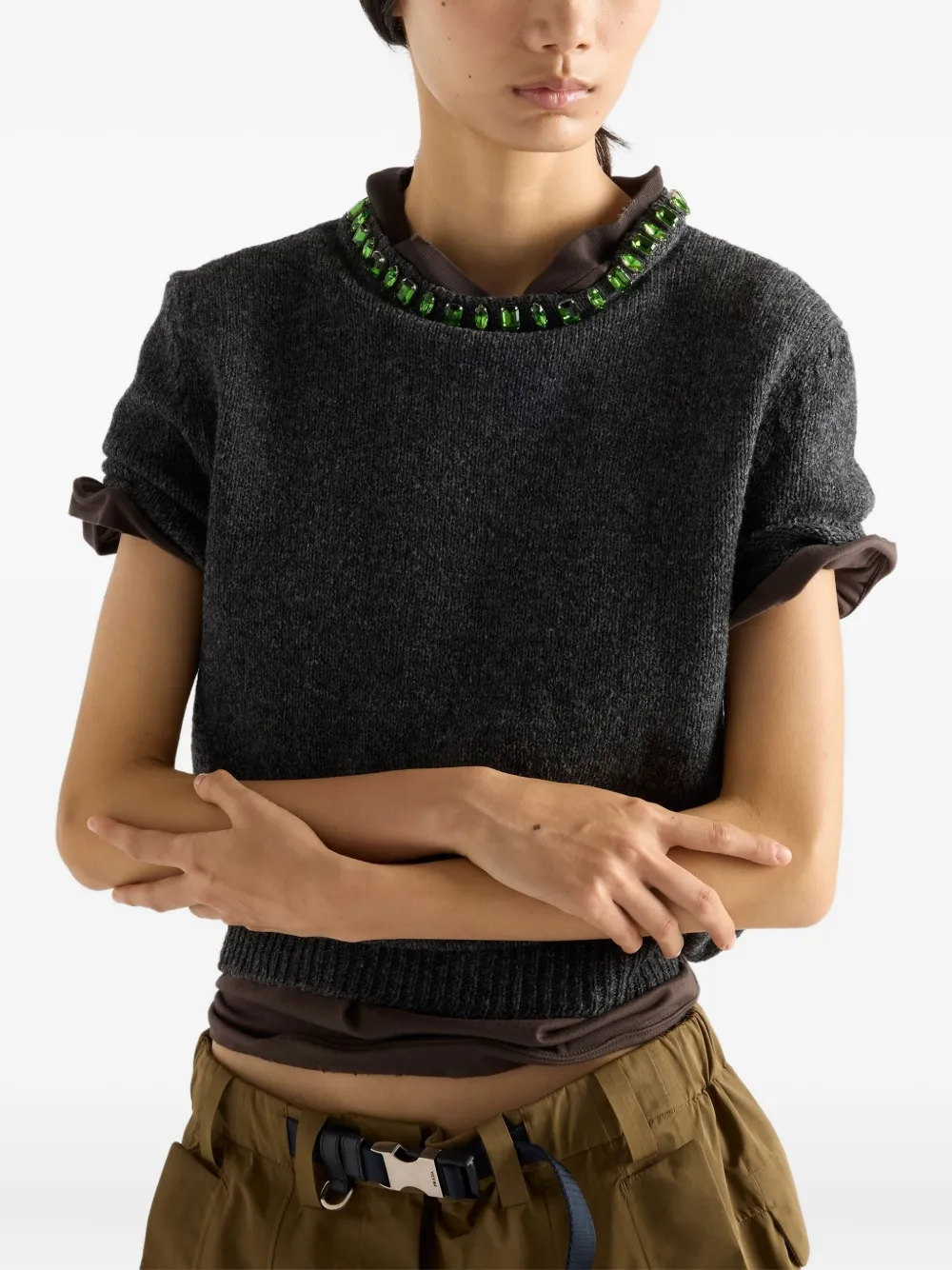 Prada Crystal-embellished Knitted T-shirt In Gray