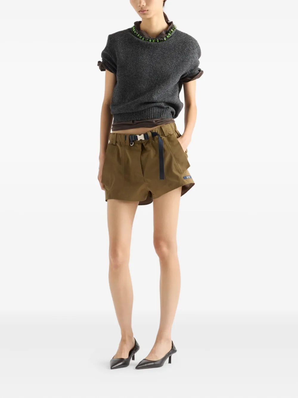 Prada Crystal-embellished Knitted T-shirt In Gray