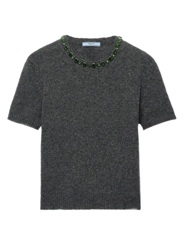 美品プラダビジュー付きニットチャコール Prada ビジュートリム ショートスリーブセーター | グレー | FARFETCH JP