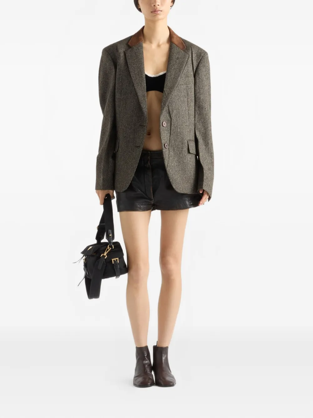 Prada Suede-panel Chevron Wool Jacket In Brown