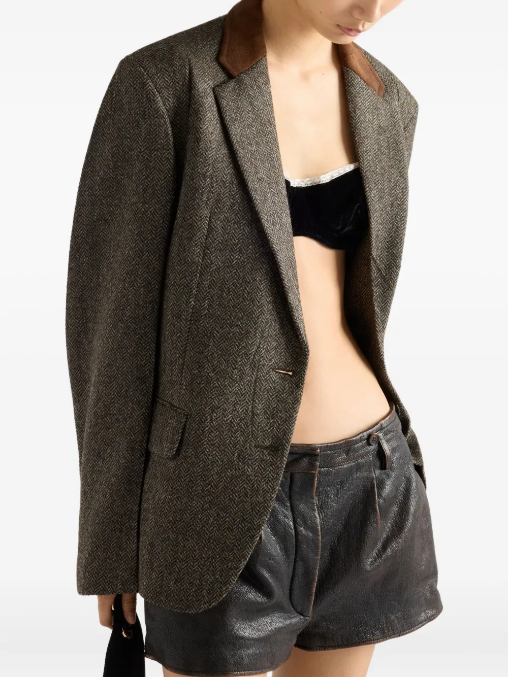 Prada Suede-panel Chevron Wool Jacket In Brown