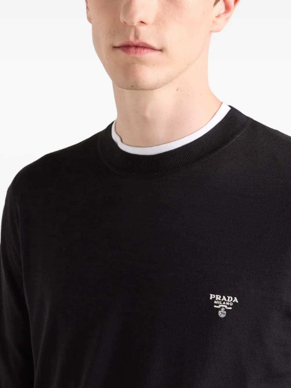 Prada Black Wool Sweater With Logo In Black