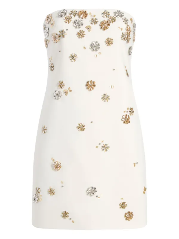 white strapless dress with gold flowers White Sorority Dress | Sassafras Beaded Flower Strapless Maxi Dress