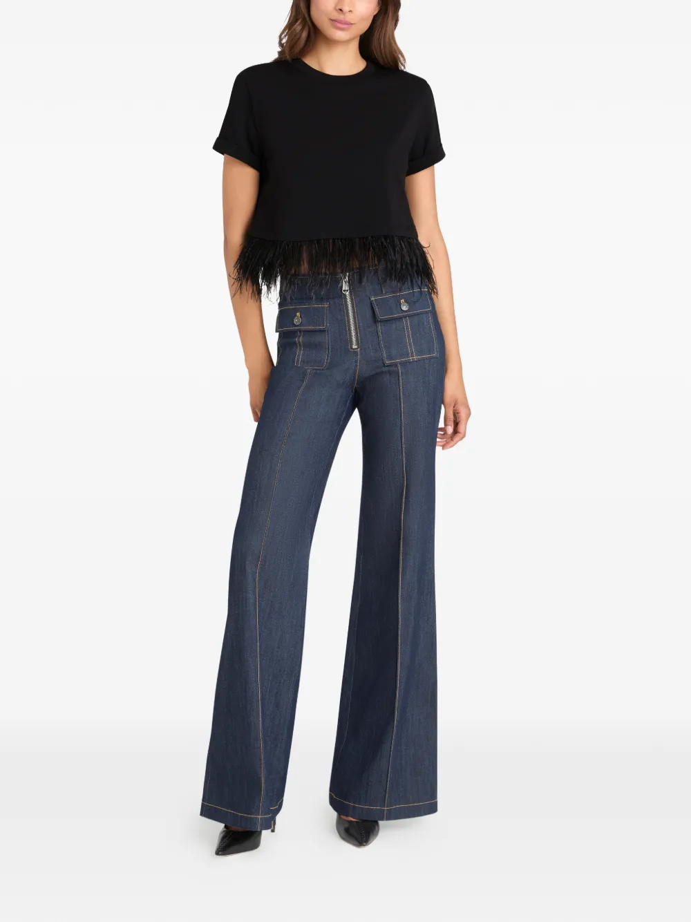 Cinq A Sept Cropped T-shirt met veren afwerking Blauw