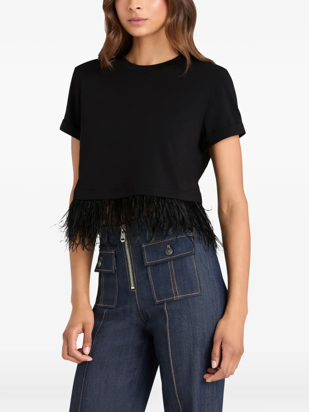Cinq A Sept Cropped T-shirt met veren afwerking Blauw