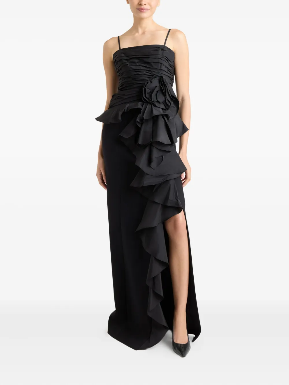 Cinq A Sept Liora avondjurk met ruches en bloemenprint - Zwart