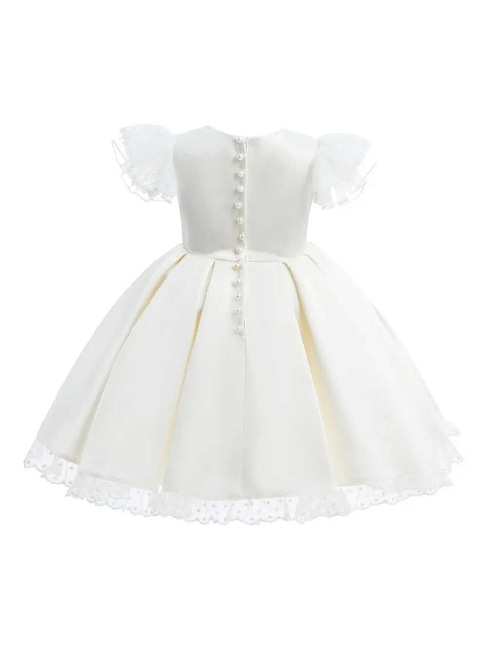 Tulleen Jurk met kanten afwerking en pofmouwen Beige