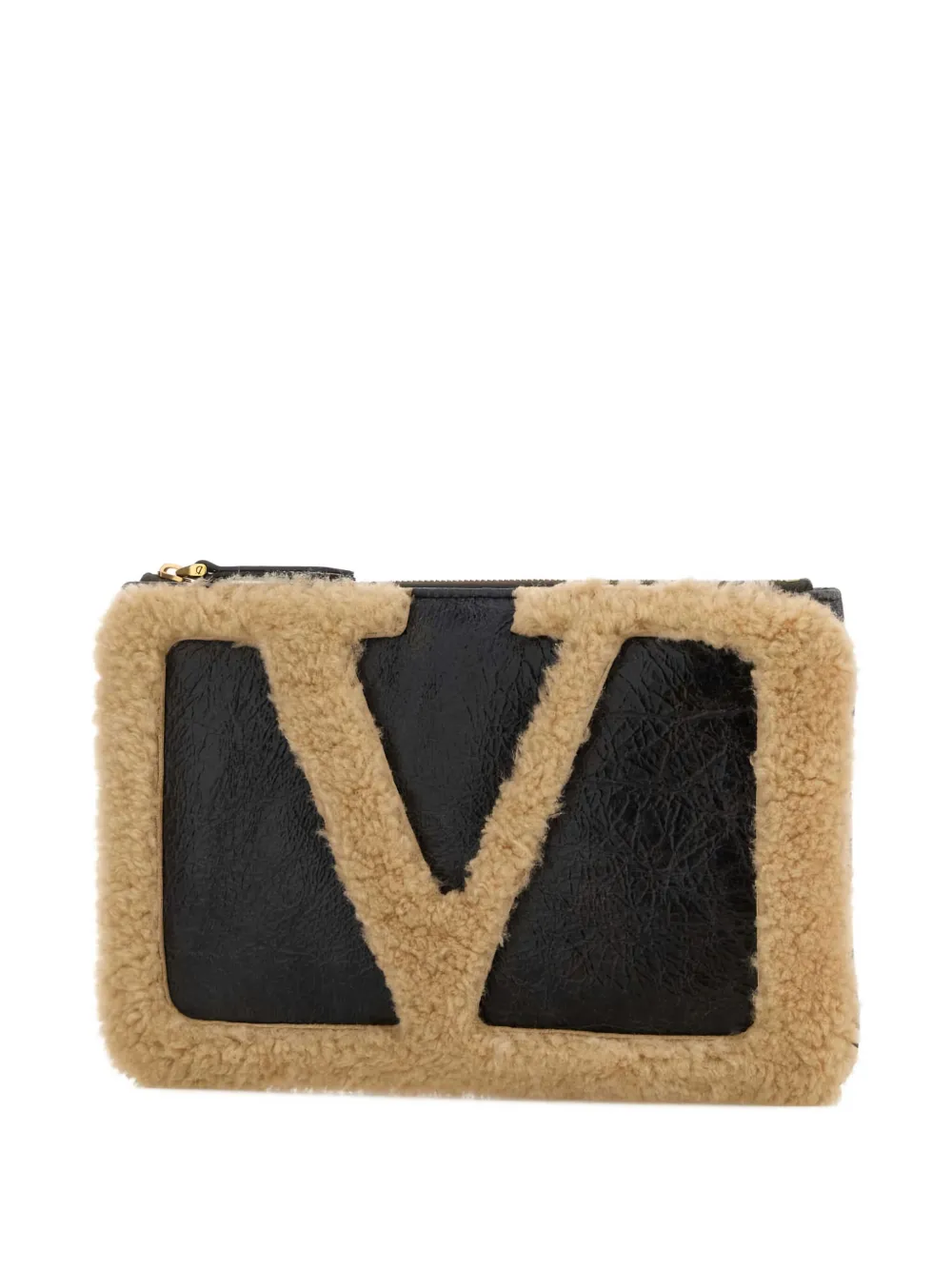 Valentino Signature Clutch With Shearling And Leather In Brown