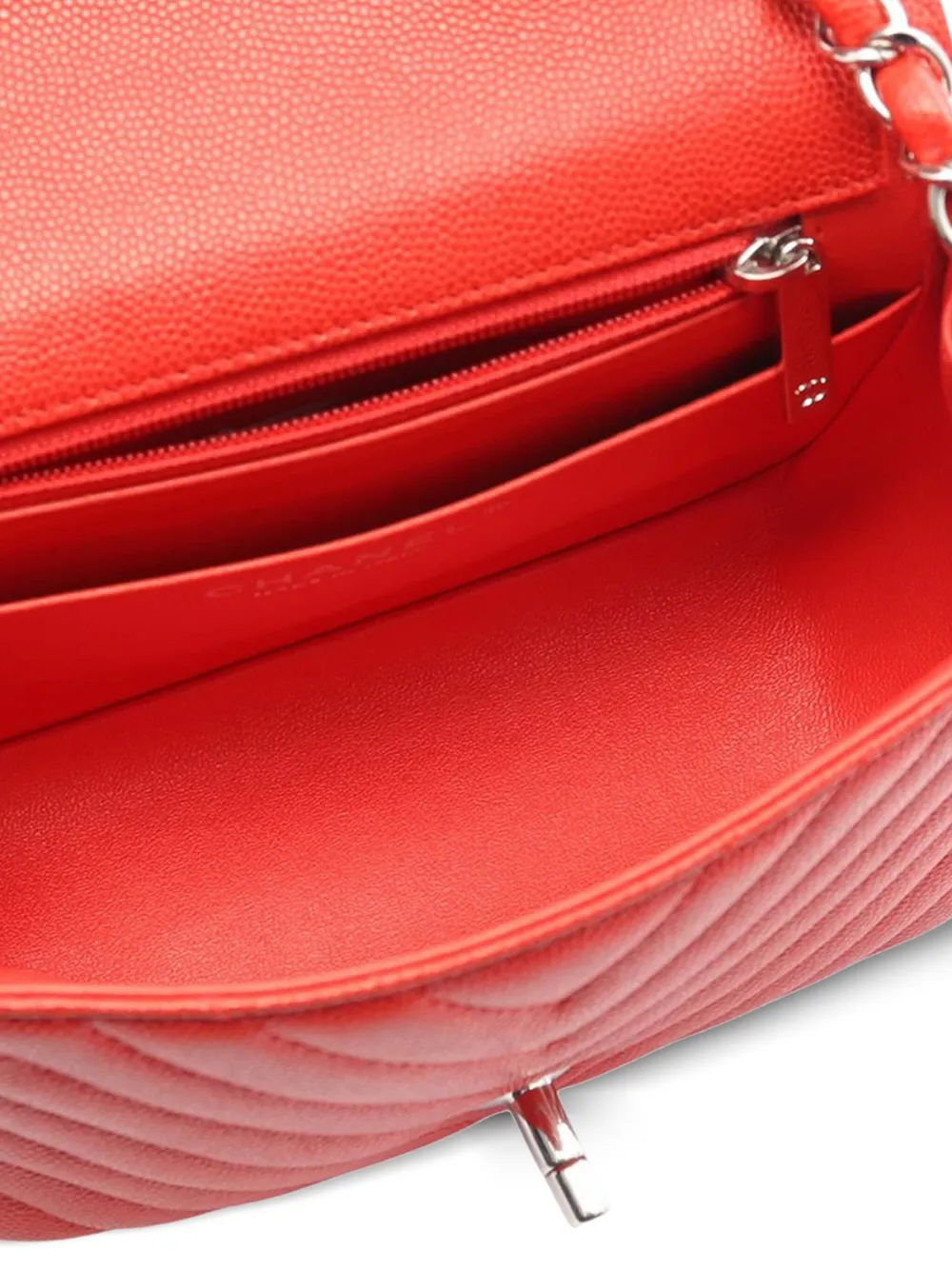 CHANEL Pre-owned 2017-2018 Mini Square Classic Chevron Caviar Single Flap Crossbody Bag In Red
