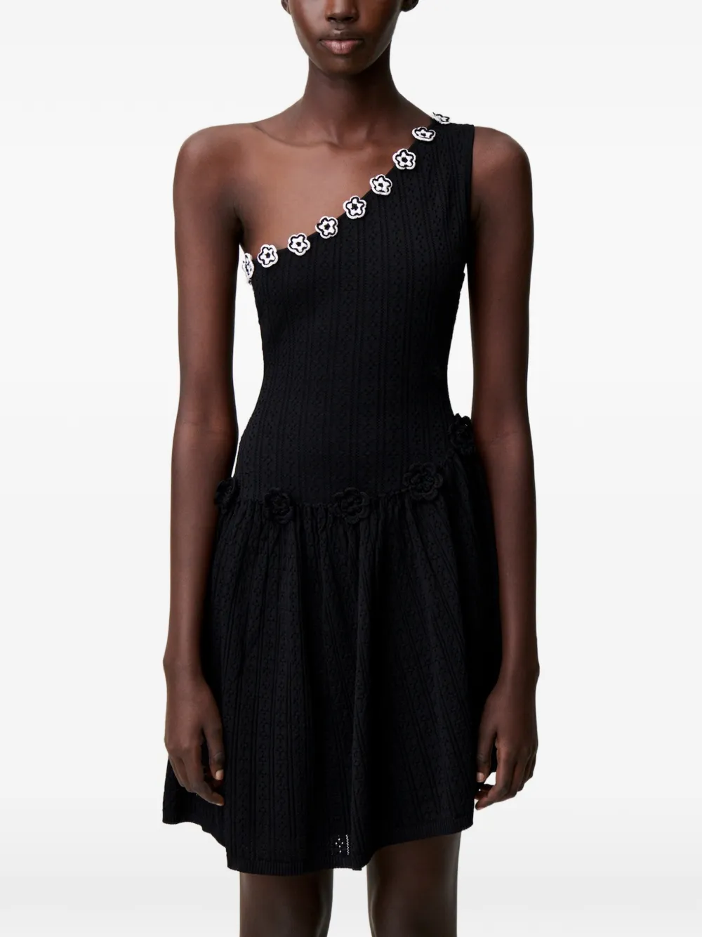 Claudie Pierlot flower-appliqué one-shoulder knitted mini dress - Nero