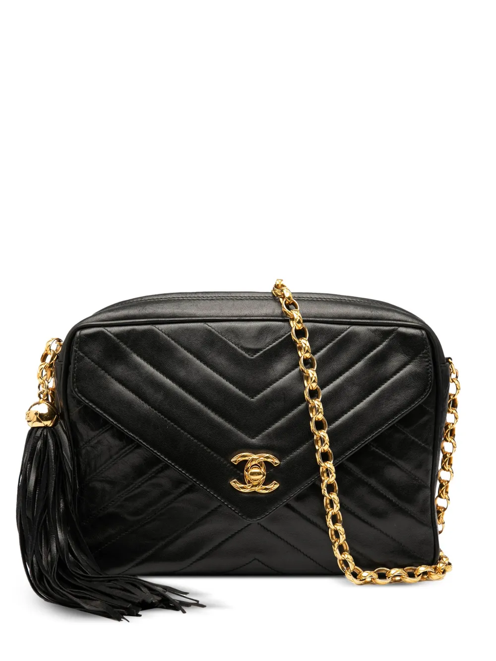 CHANEL Pre-Owned 1991-1994 CC Chevron Lambskin Tassel Chain Camera Bag CHANEL Pre-Owned 1991-1994 CC Chevron Lambskin Tassel Chain Camera Bag