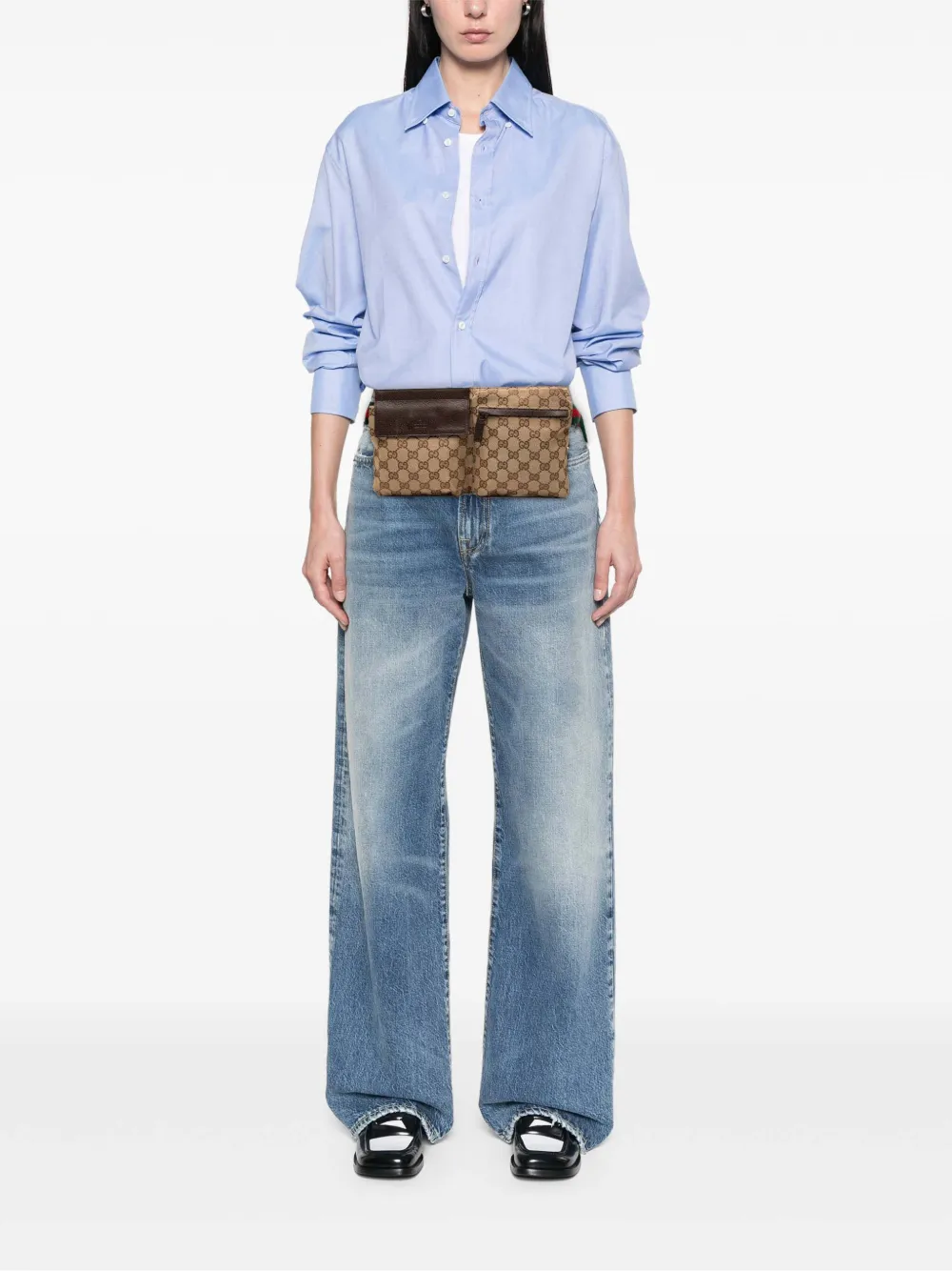 Pre-owned Gucci 2000-2015 Gg Canvas Web Double Pocket Belt Bag In Brown