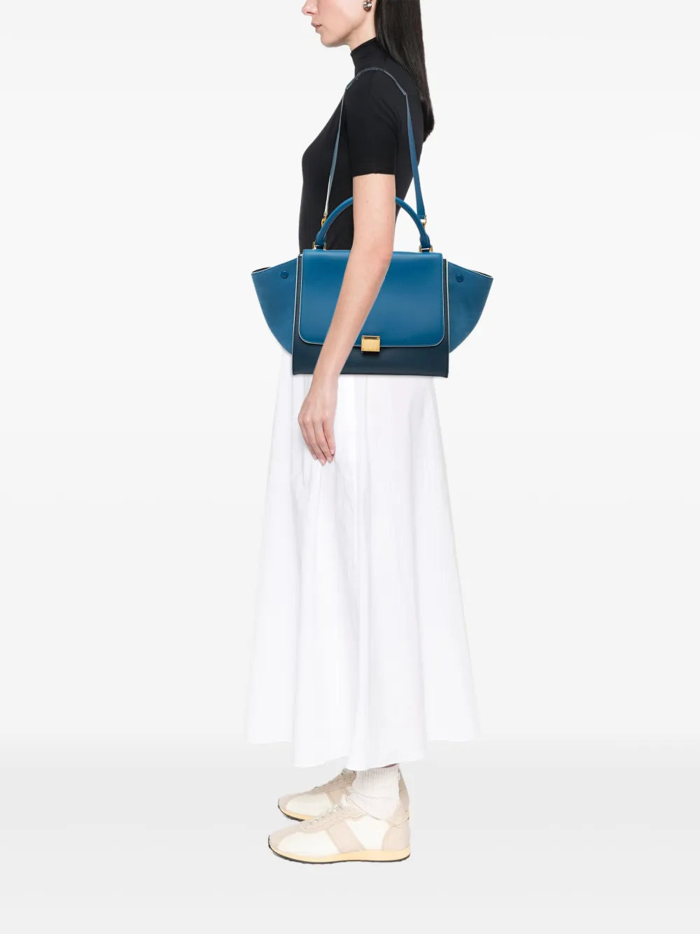 CELINE Pre-owned 2019 Small Drummed Calfskin And Suede Trapeze Satchel In Blue