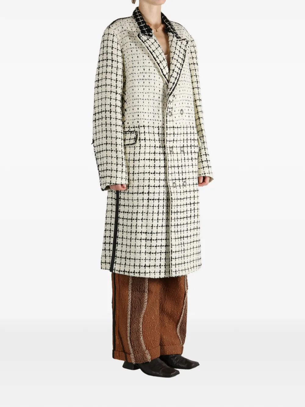 Communs Double-breasted Check Coat In White