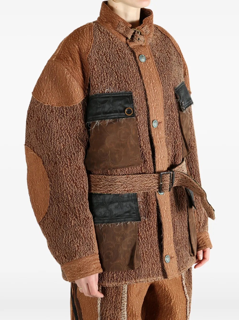 Communs Belted Patchwork Jacket In Brown