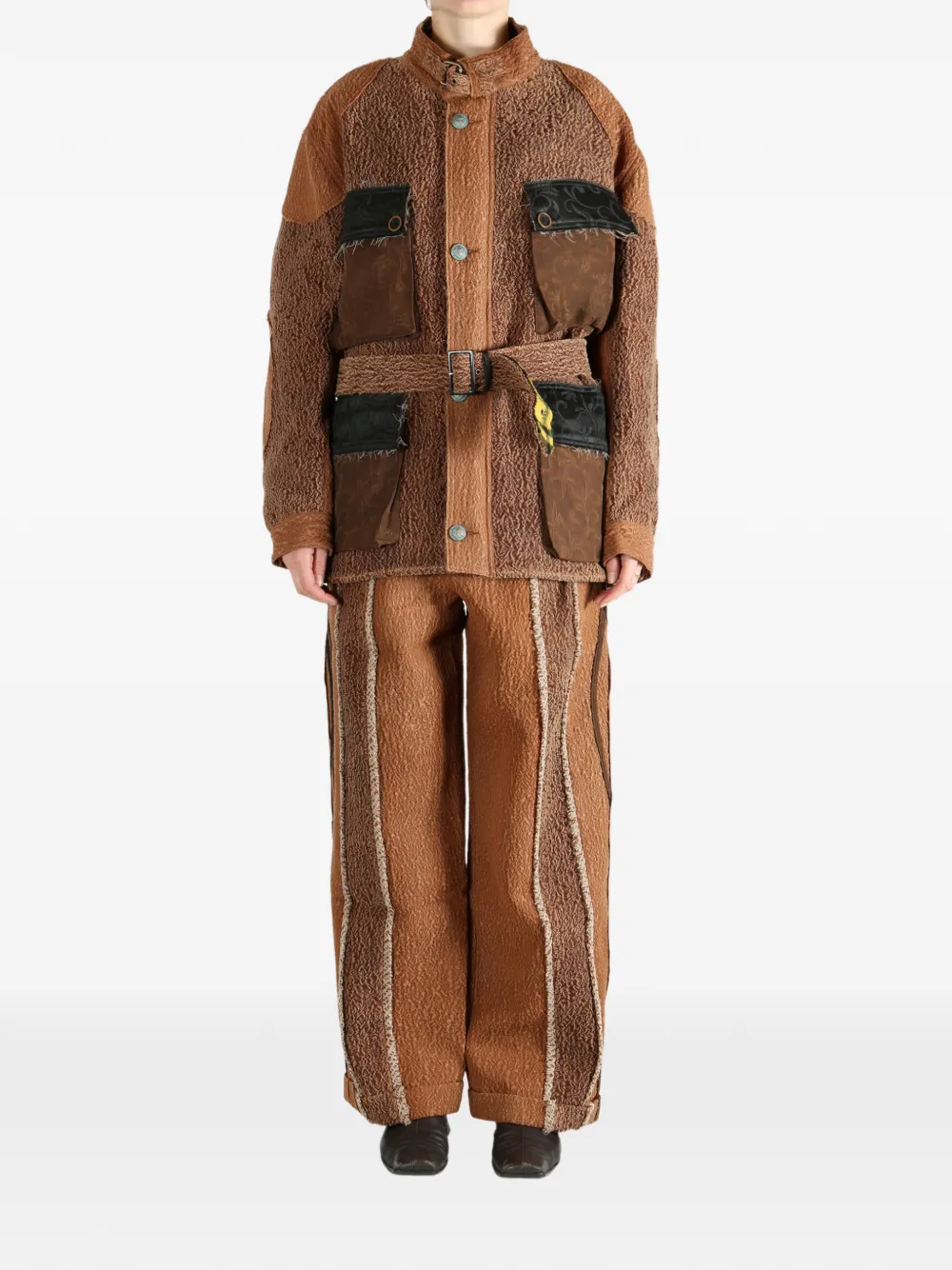 Communs Belted Patchwork Jacket In Brown