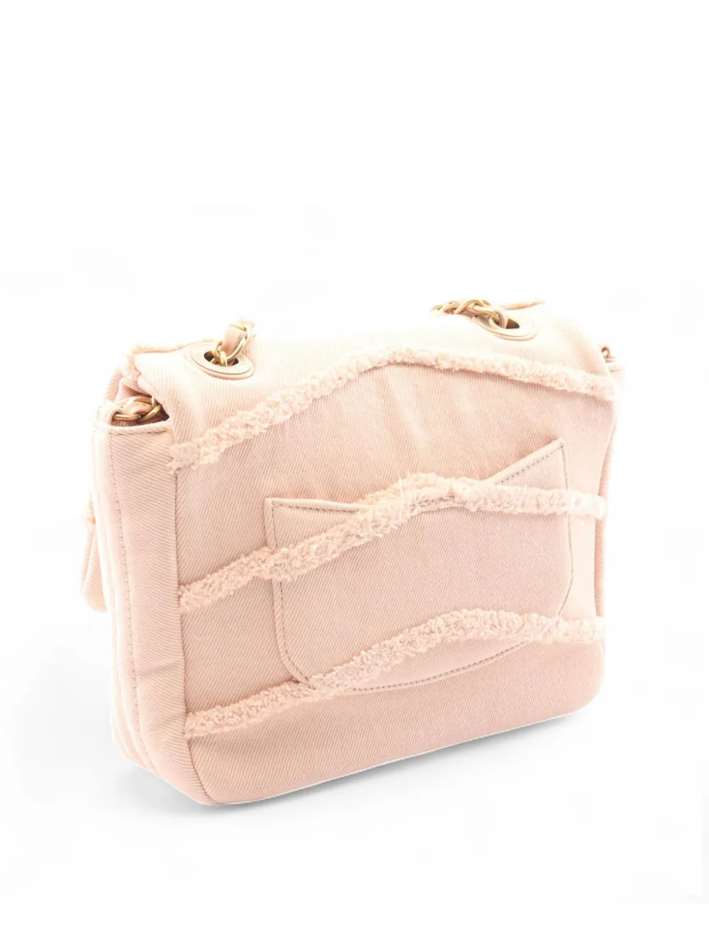 Pre-owned Chanel 2019 Small Chevron Denim Fringe Coco Flap Crossbody Bag In Pink