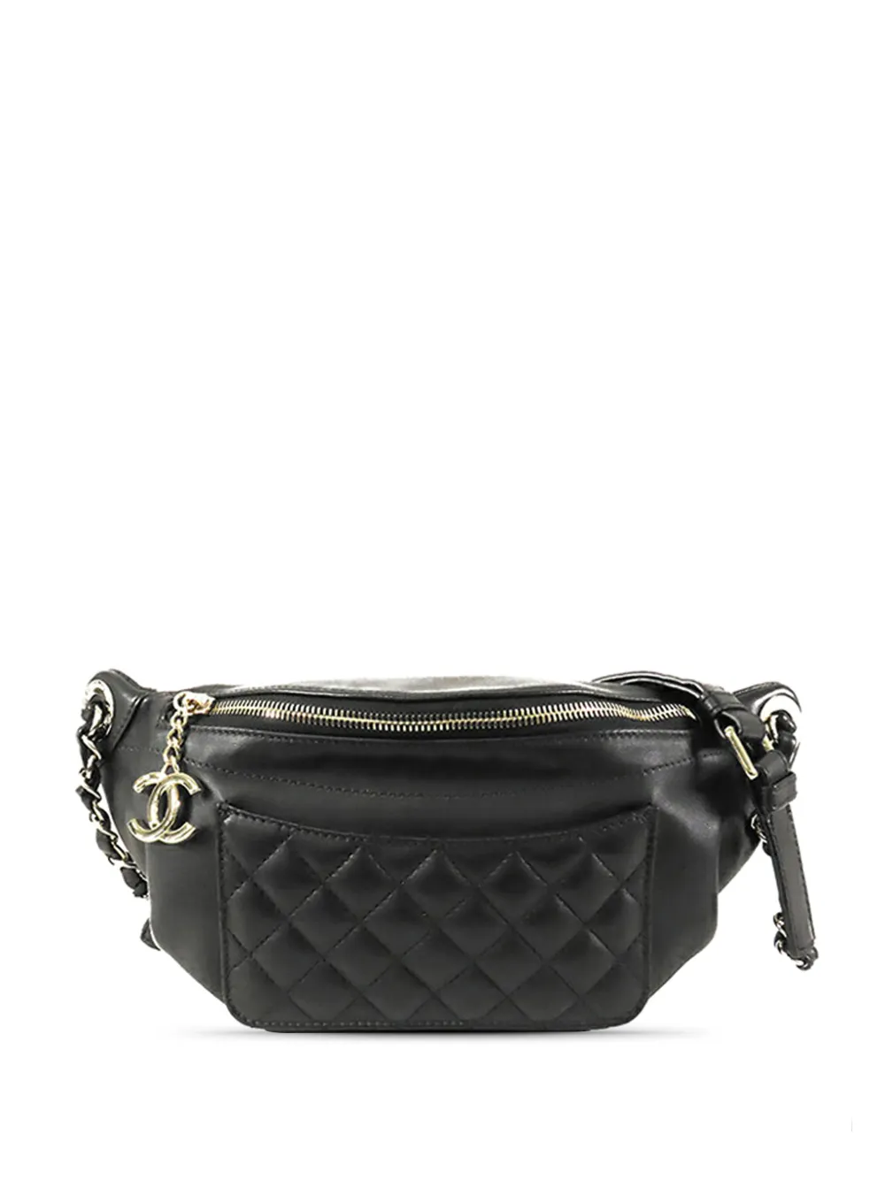 Pre-owned Chanel 2019 Quilted Crumpled Lambskin Front Pocket Belt Bag In Black