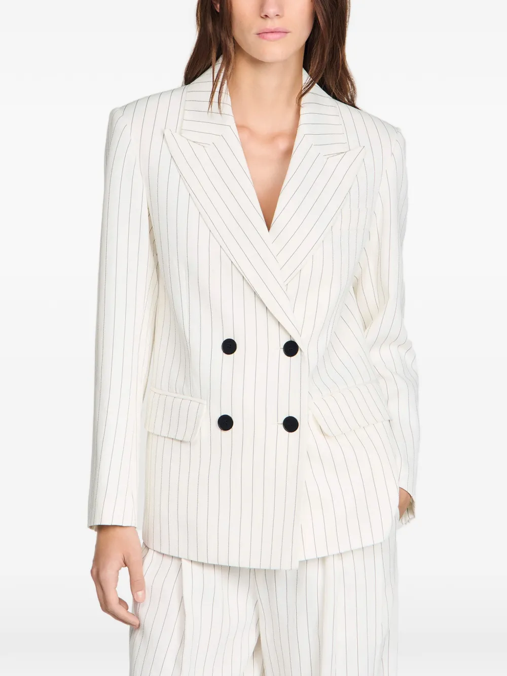 SANDRO Gestreepte blazer met dubbele rij knopen Beige