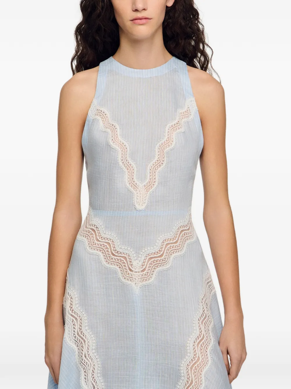 SANDRO Gestreepte maxi-jurk met kant Blauw