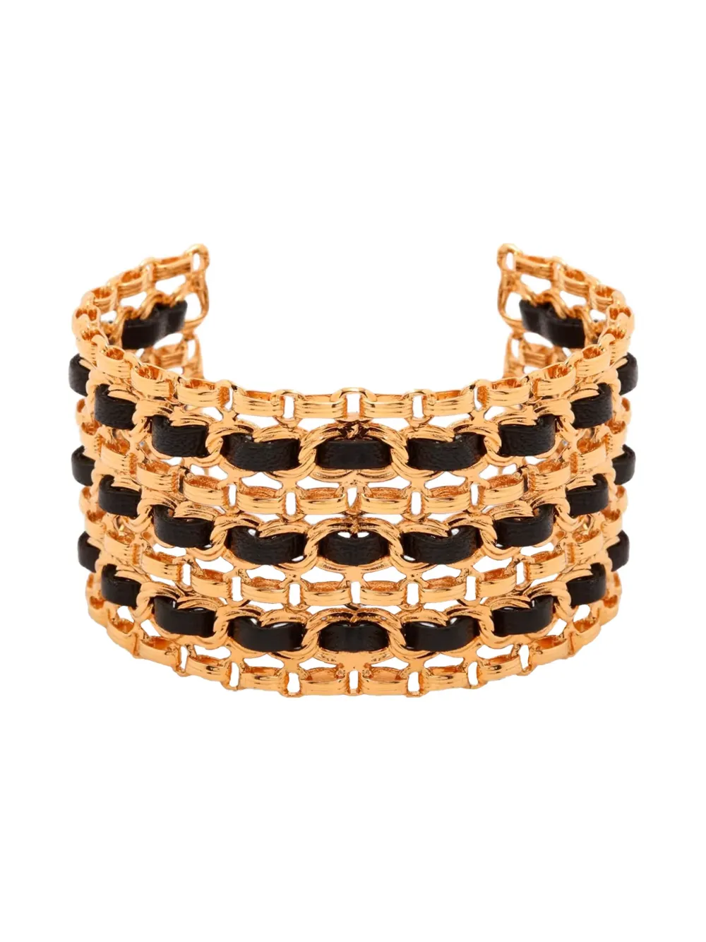 Pre-owned Chanel 1980s Leather-detail Cuff Bracelet In Gold