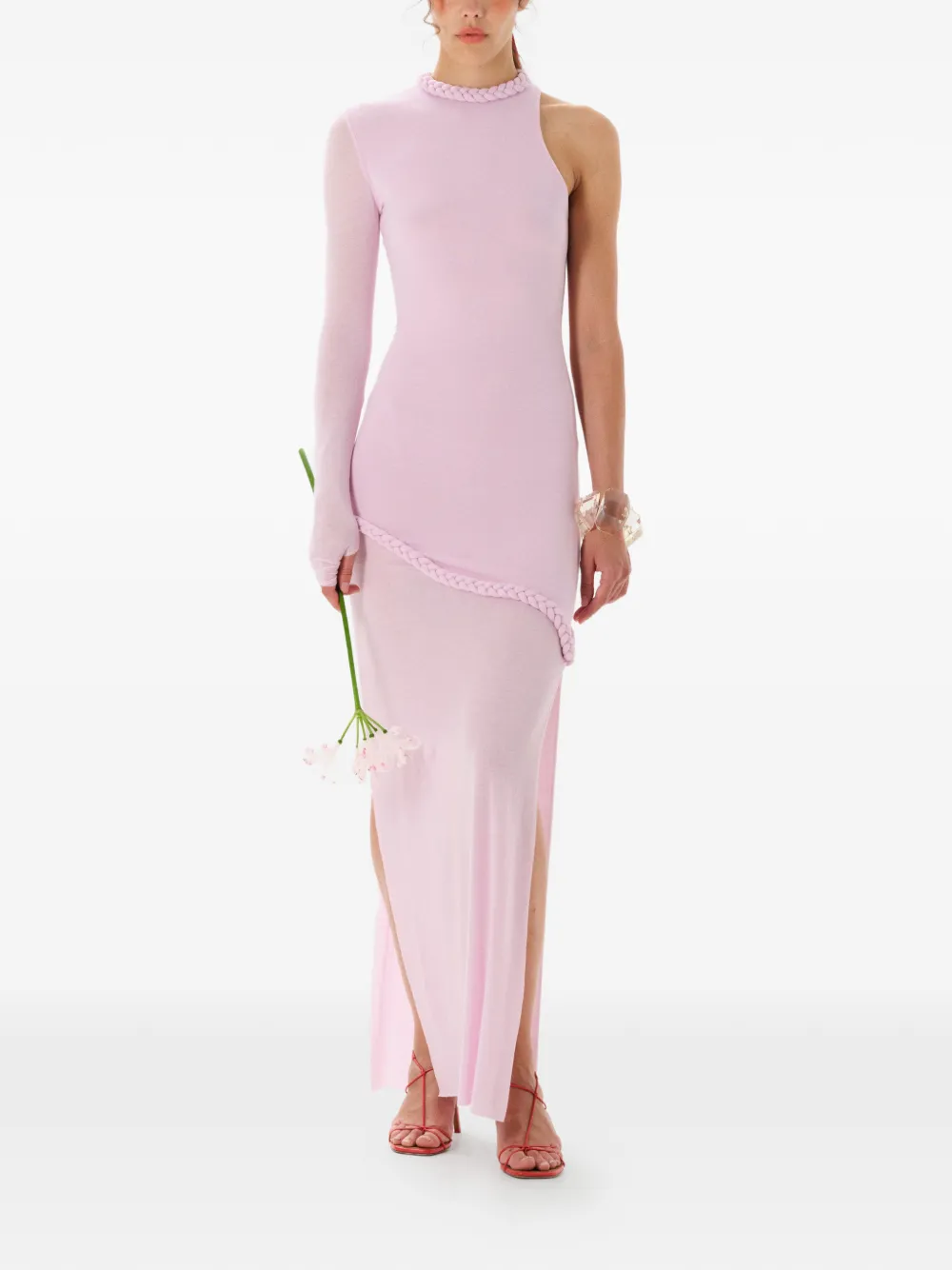 Manurí Candy One-sleeve Braided-detail Maxi Dress In Pink
