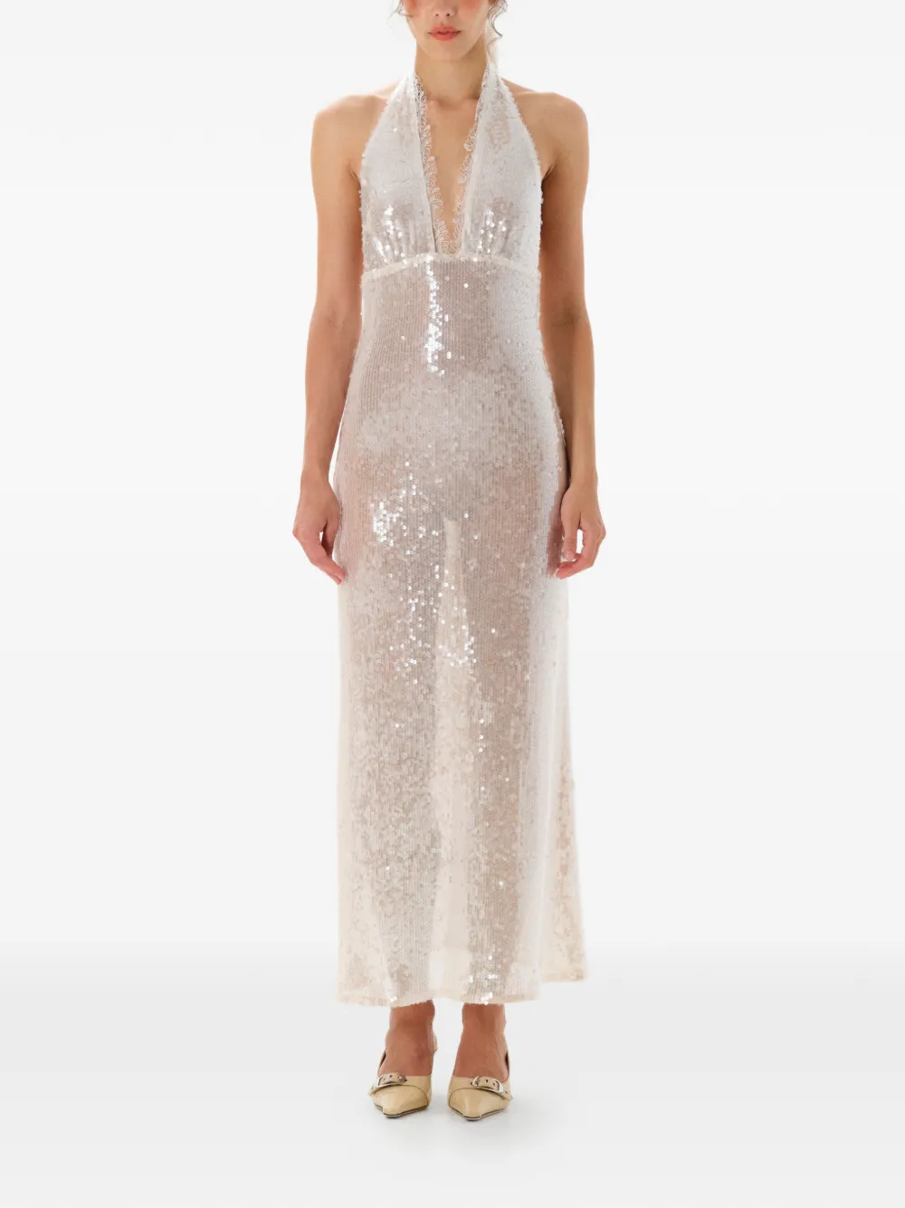 MANURÍ Pixie sequin-embellished halterneck maxi dress - Beige