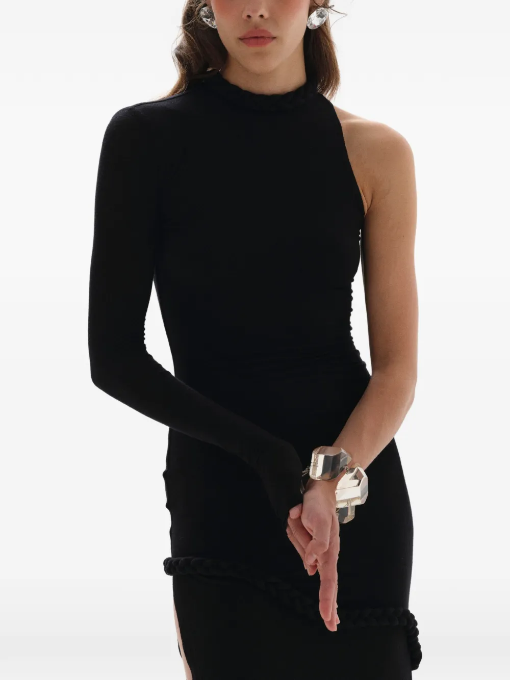 Manurí Candy One-sleeve Braided-detail Maxi Dress In Black