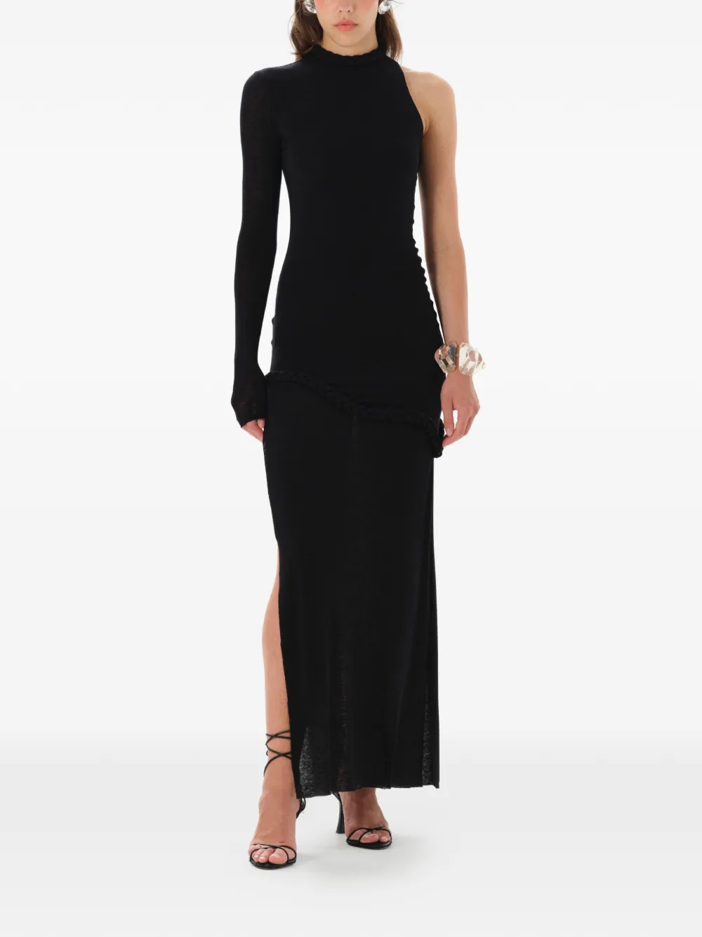 Manurí Candy One-sleeve Braided-detail Maxi Dress In Black