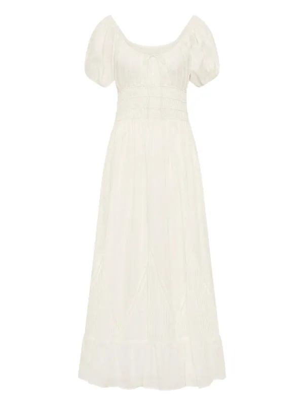 white flowy dress with puff sleeves Long Off-White Prom Dress with Puff Sleeves main image 1