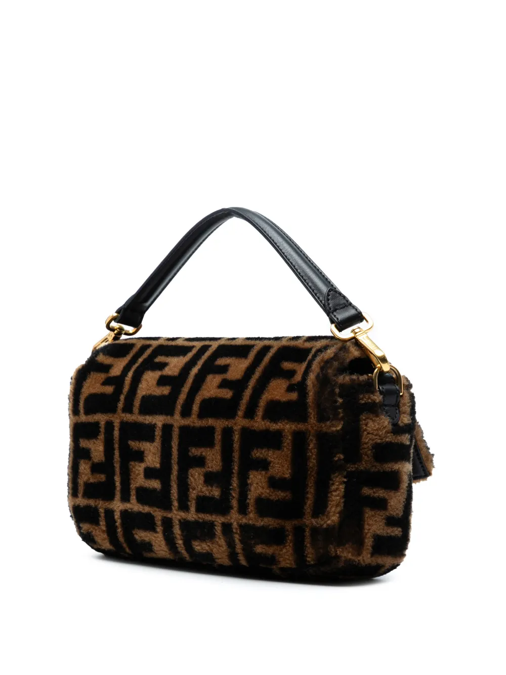 Pre-owned Fendi 2010-2025 Medium Zucca Shearling Baguette Satchel In Brown