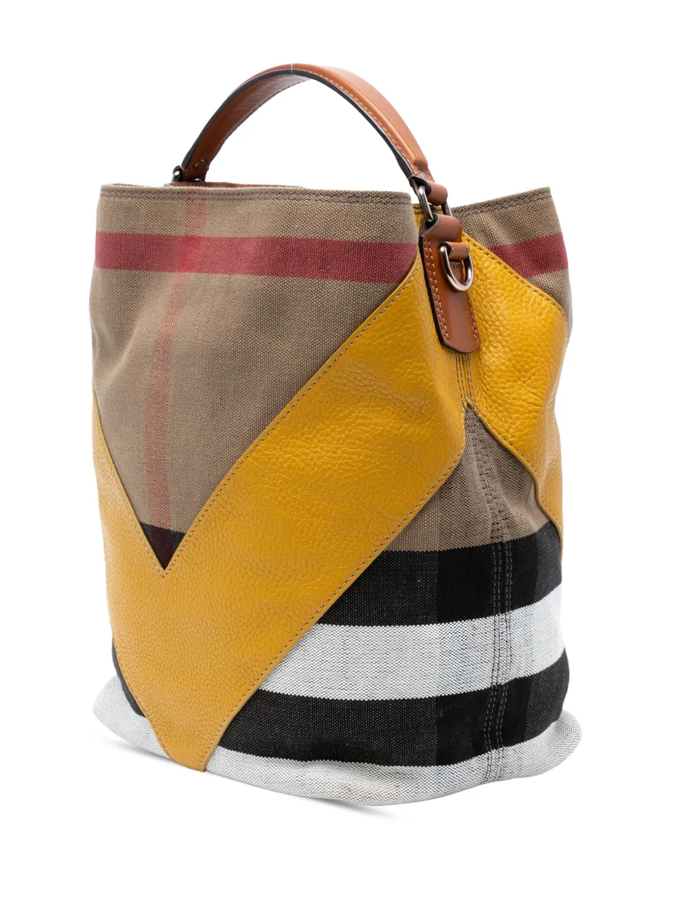 Pre-owned Burberry 2000-2017 Medium Mega Check Canvas And Calfskin Chevron Ashby Bucket Satchel In Brown