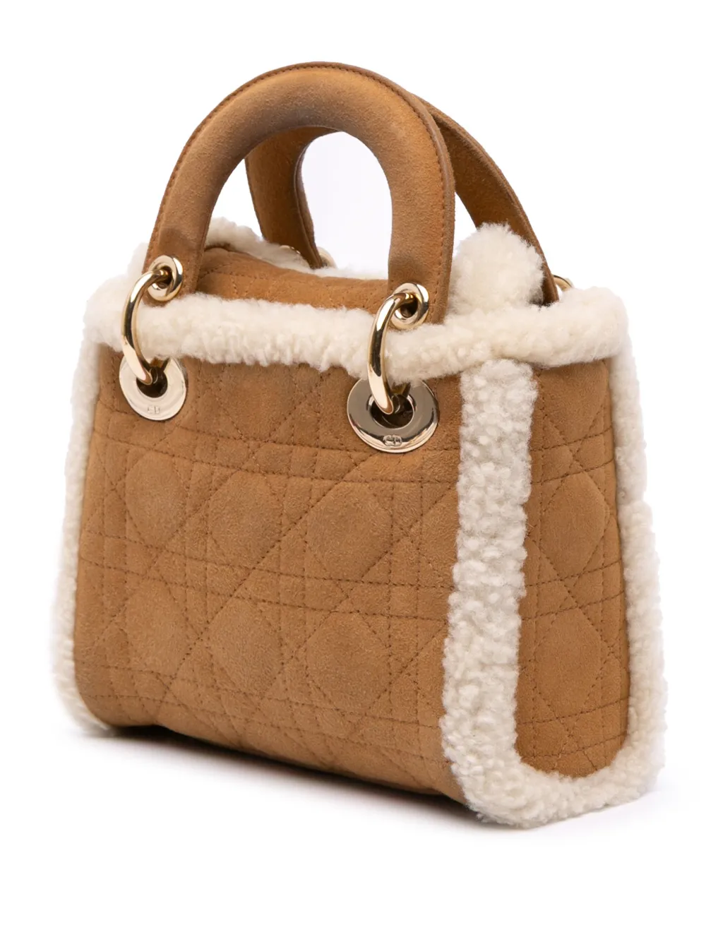 Pre-owned Dior 2020-2025 Mini Suede Cannage With Shearling Trim Lady  Satchel In Brown