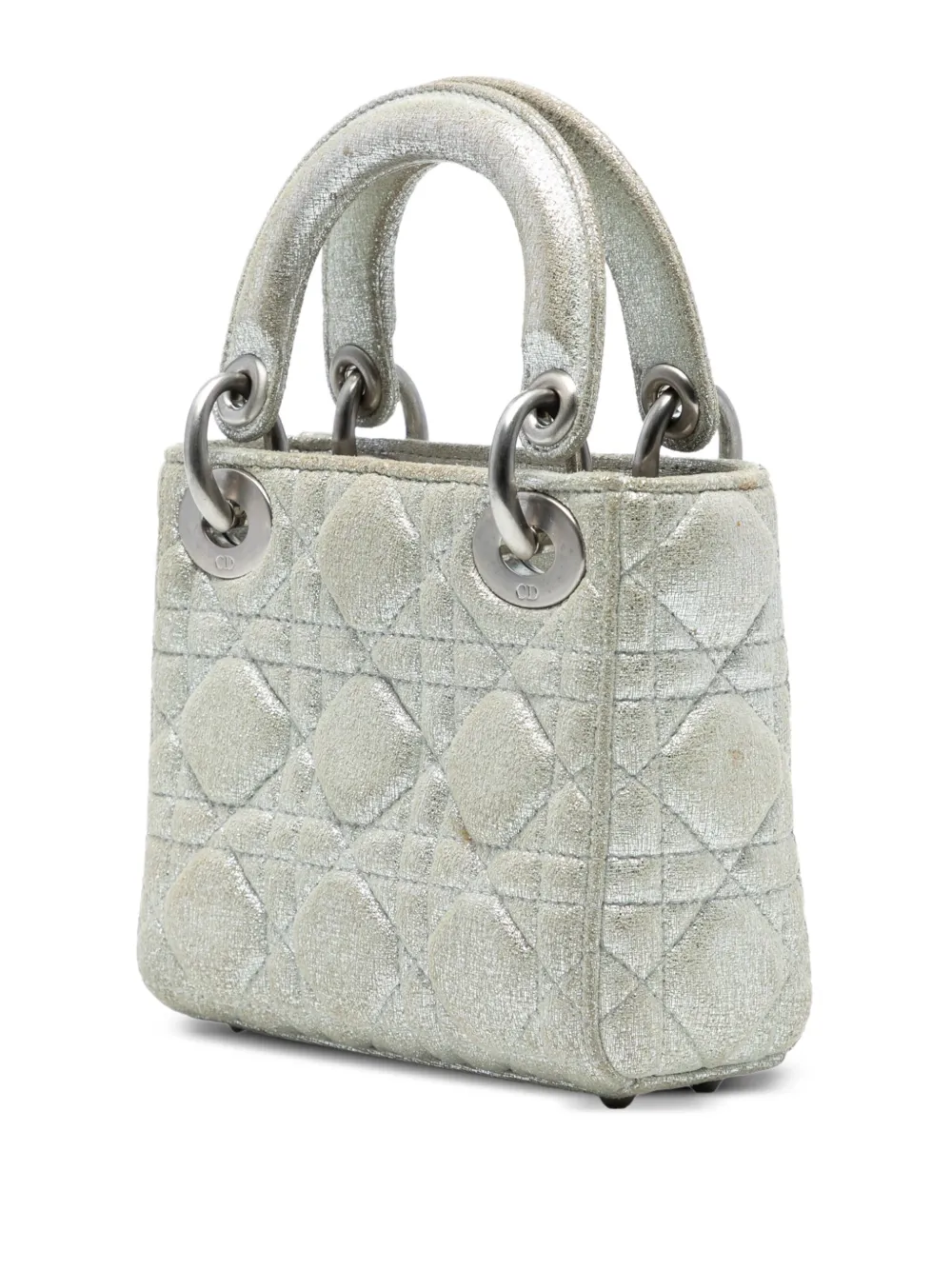 DIOR Pre-owned 2010-2025 Micro Metallic Calfskin Cannage Lady Satchel In Silver