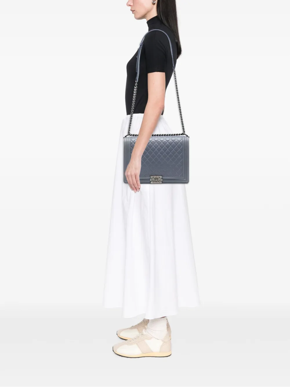 Pre-owned Chanel 2011 Large Quilted Lambskin Boy Flap Crossbody Bag In Gray