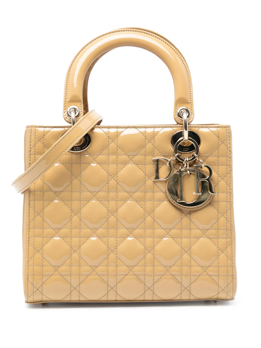 DIOR Pre-owned 2014 Medium Patent Cannage Lady Satchel In Brown