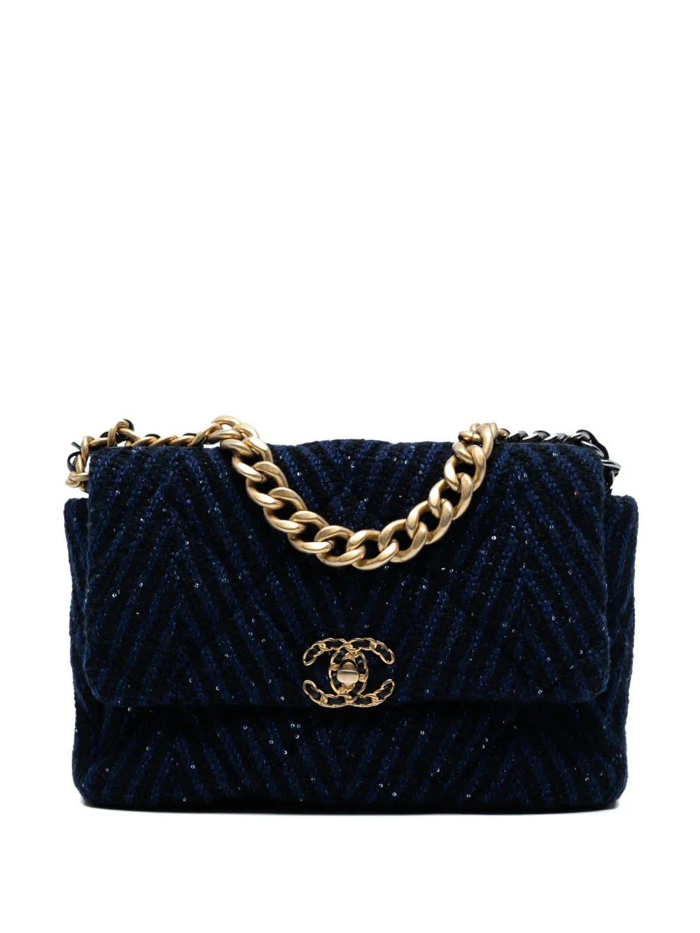 Pre-owned Chanel 2020 Large Chevron Tweed Sequin 19 Flap Satchel In Blue