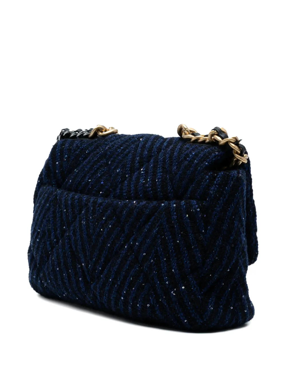 Pre-owned Chanel 2020 Large Chevron Tweed Sequin 19 Flap Satchel In Blue