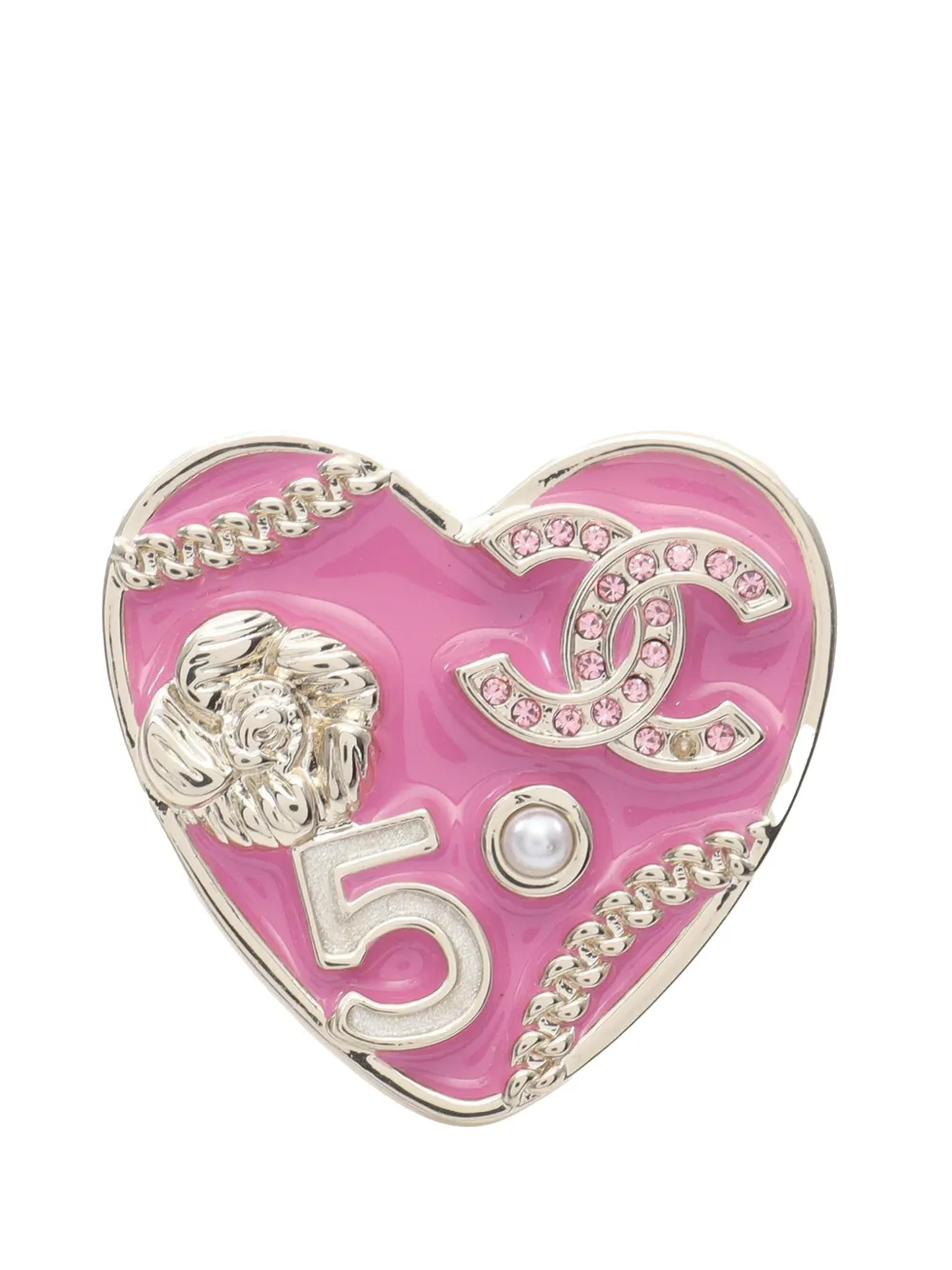CHANEL Pre-Owned 2024 ゴールドプレーテッド ラッカード パール ココマーク カメリア No 5 ハートチャーム CHANEL Pre-Owned 2024 ゴールドプレーテッド ラッカード パール ココマーク カメリア No 5 ハートチャーム