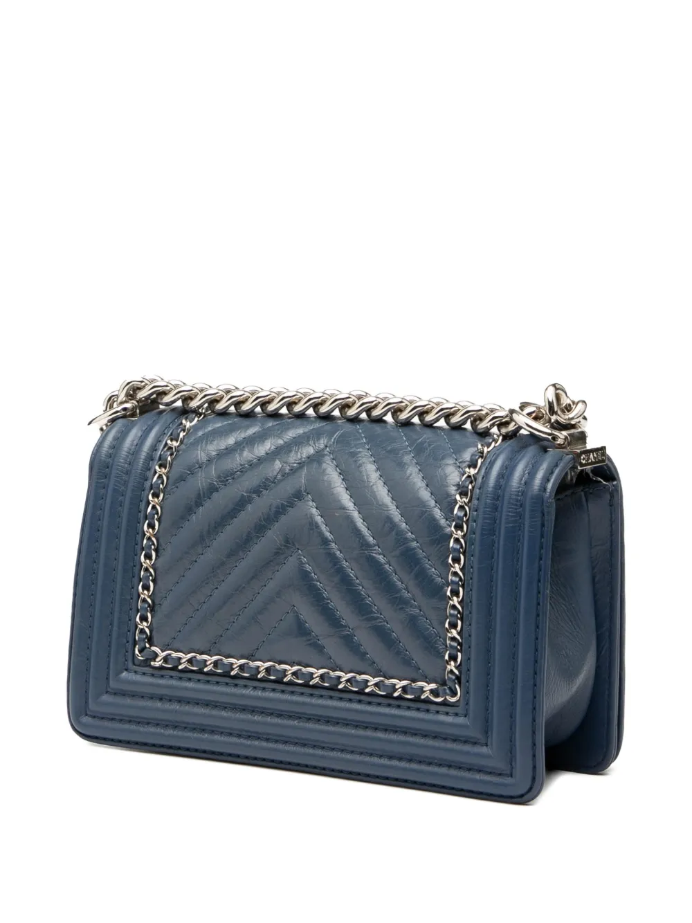 CHANEL Pre-owned 2017-2018 Small Chevron Aged Calfskin Jacket Boy Flap Crossbody Bag In Blue