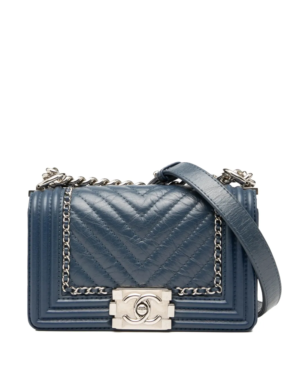 CHANEL Pre-owned 2017-2018 Small Chevron Aged Calfskin Jacket Boy Flap Crossbody Bag In Blue