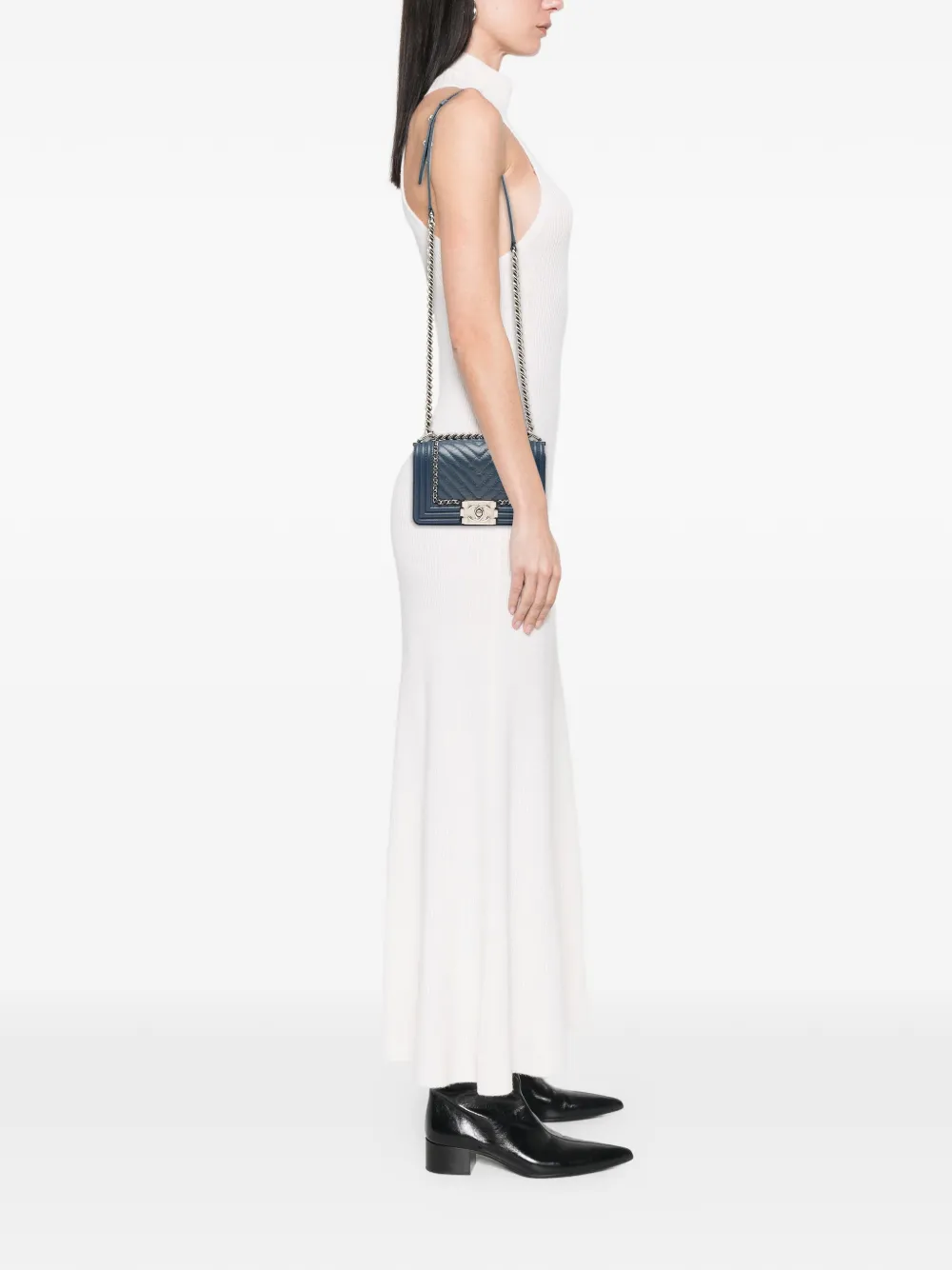 CHANEL Pre-owned 2017-2018 Small Chevron Aged Calfskin Jacket Boy Flap Crossbody Bag In Blue