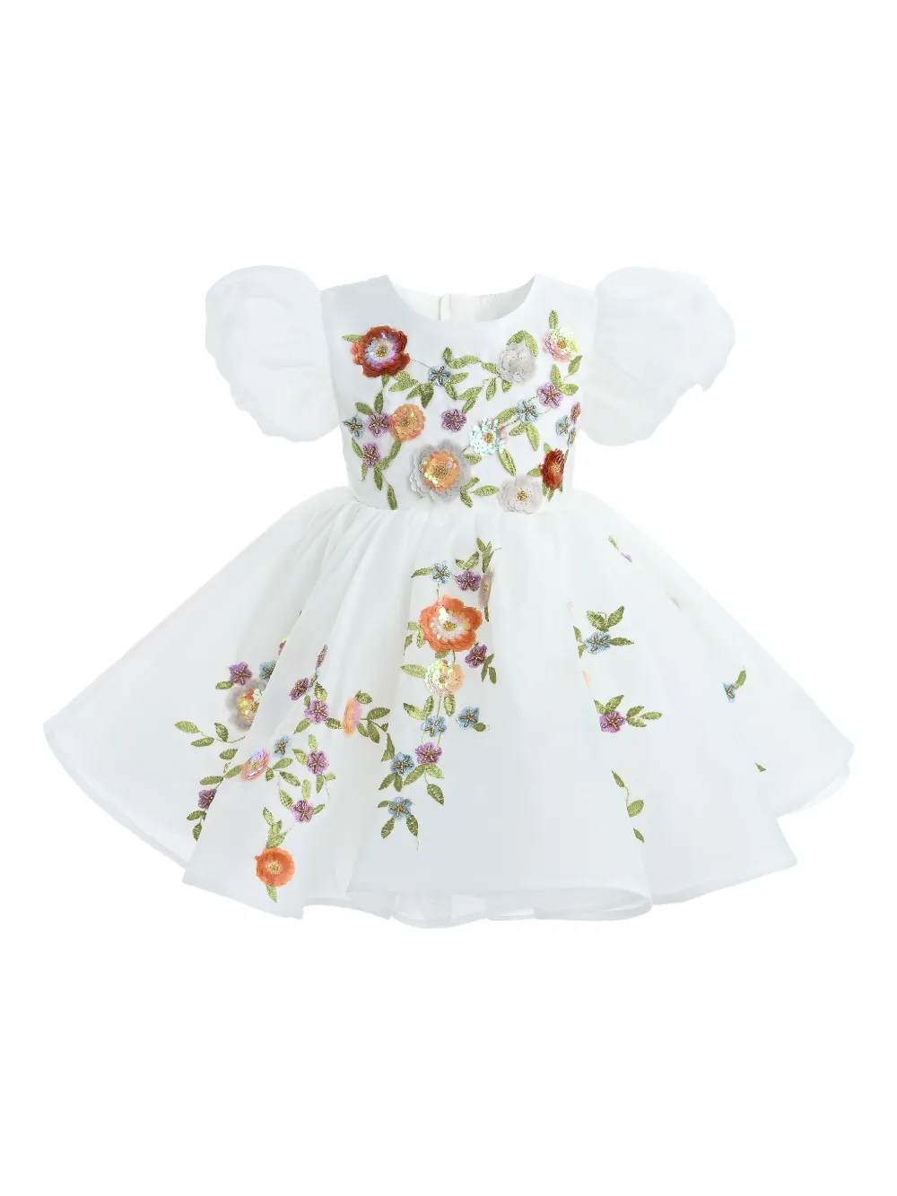 Tulleen puff-sleeve floral-embroidered dress - Bianco