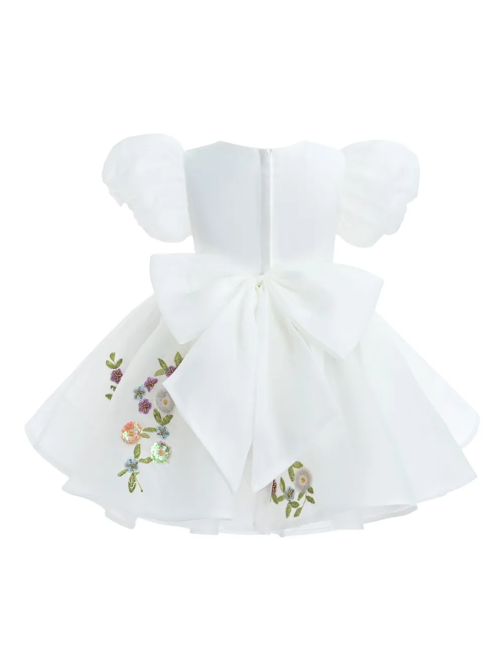 Tulleen puff-sleeve floral-embroidered dress - Wit