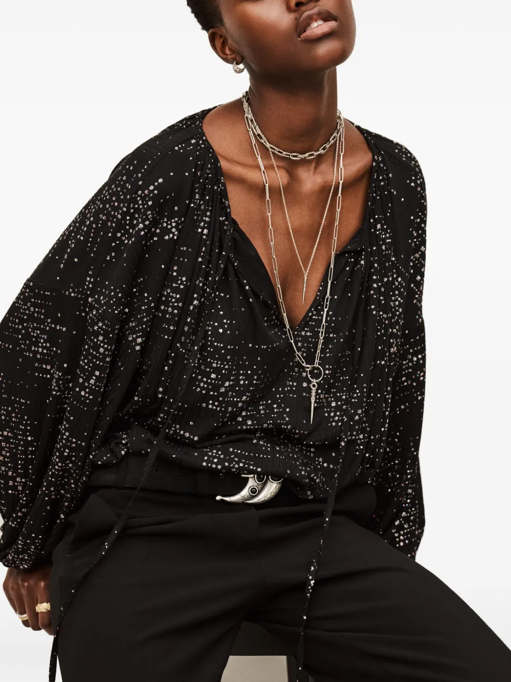 Ba&sh Torny Tie Detail Patterned Top In Black