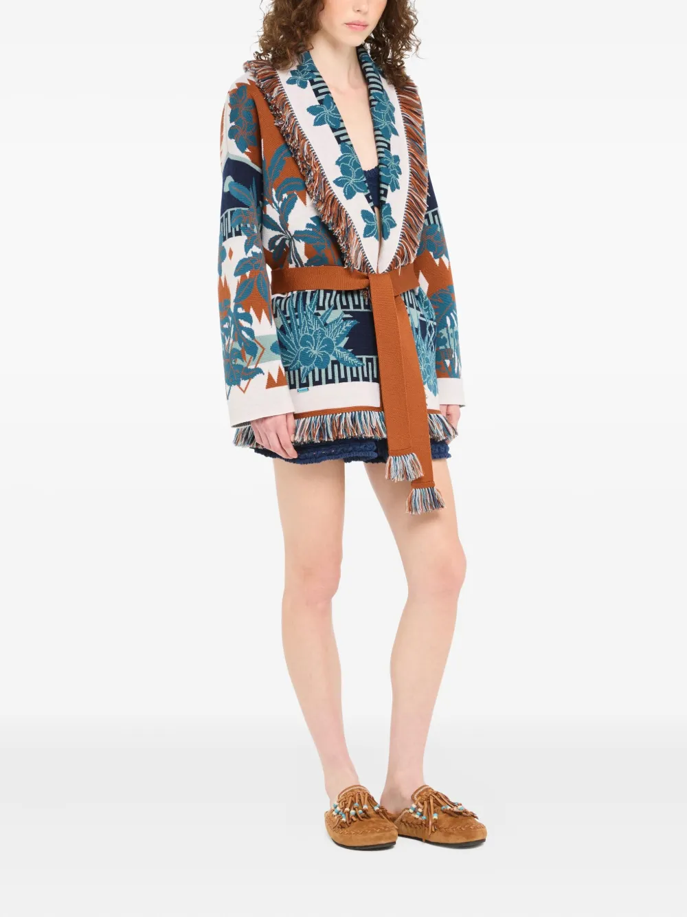 Alanui Long Floral Cardigan With Fringe Shawl Collar In Blue
