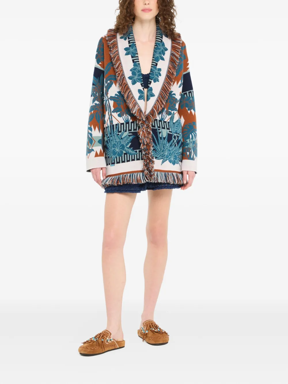 Alanui Long Floral Cardigan With Fringe Shawl Collar In Blue