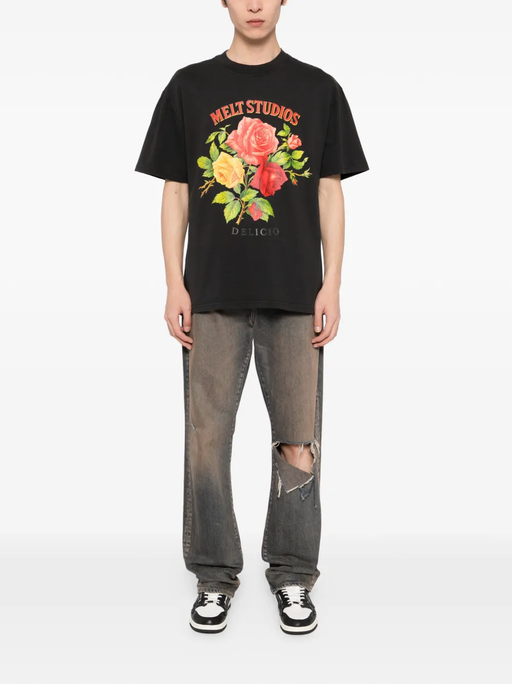 Melt T-shirt met bloemenprint - Zwart