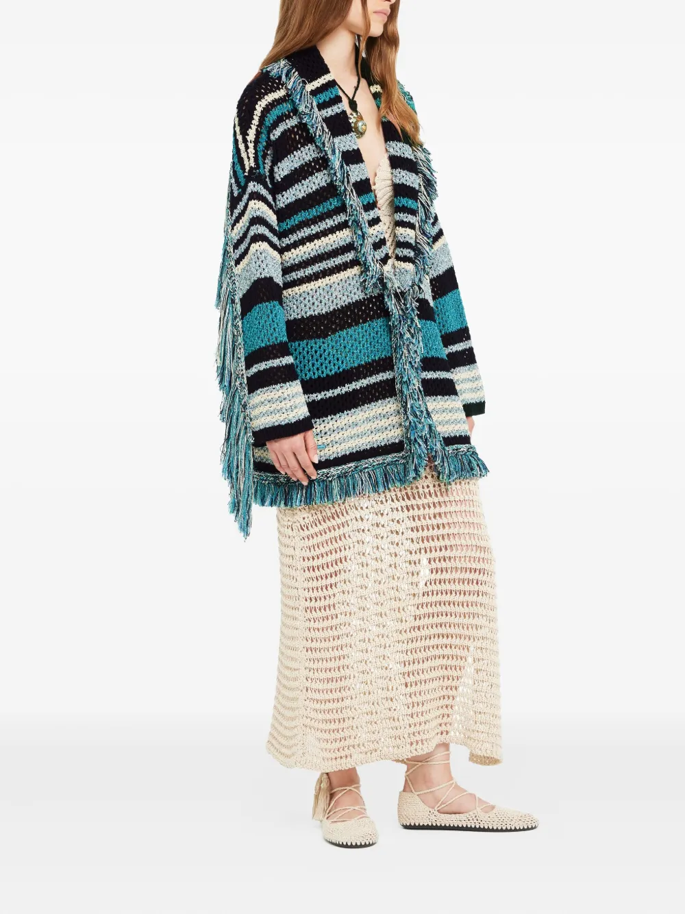  Alanui Ocean Stripes Fringed Cardigan - Blue 
