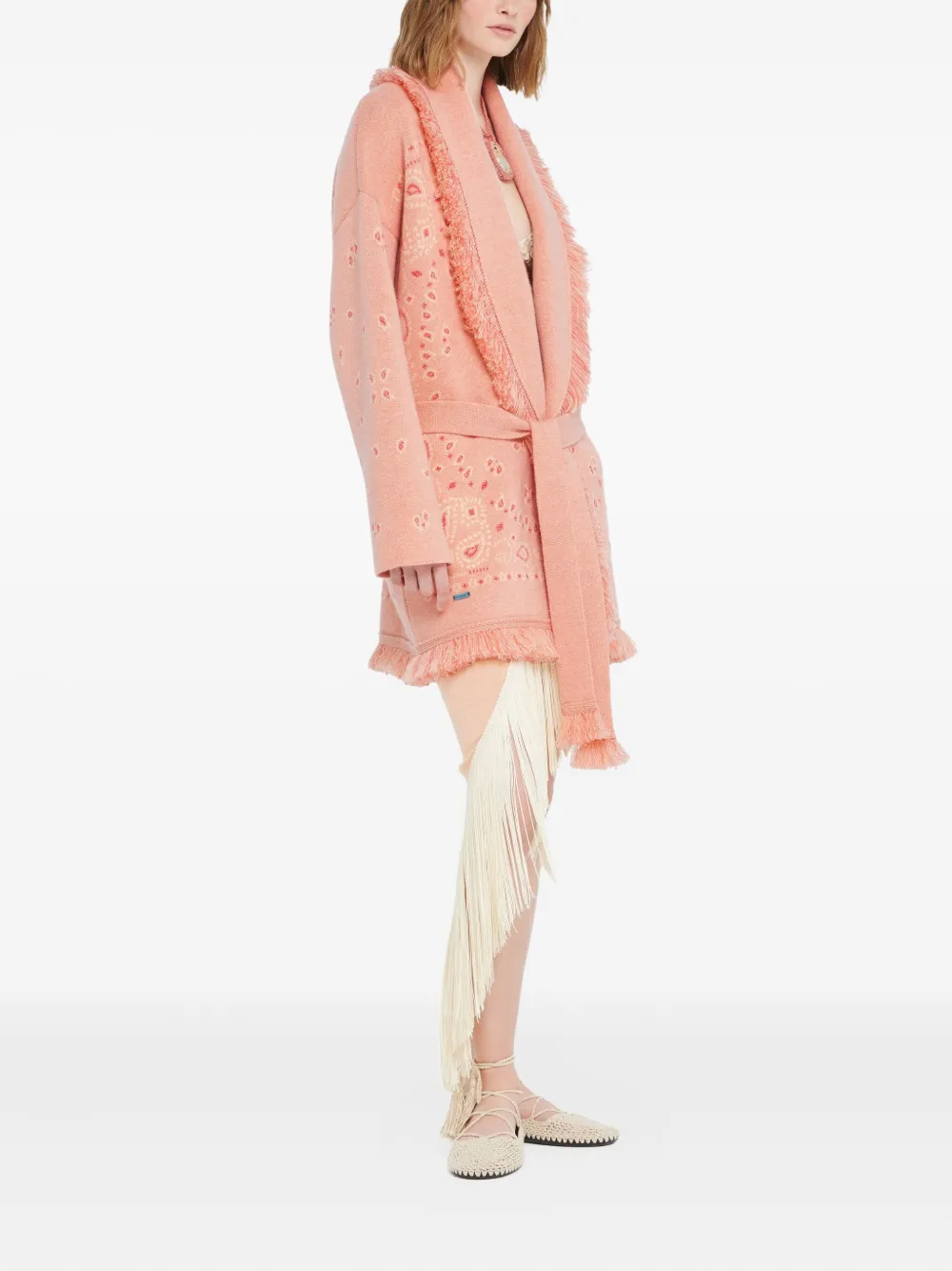 Alanui Long Fringe Cardigan Shawl Collar In Pink